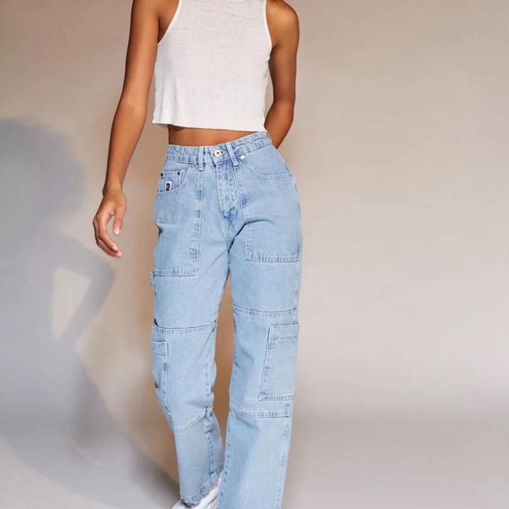 The Ragged Priest Light Wash Denim Cargo Pants Wide Leg Utility Jeans 30 Y2K - Picture 2 of 15